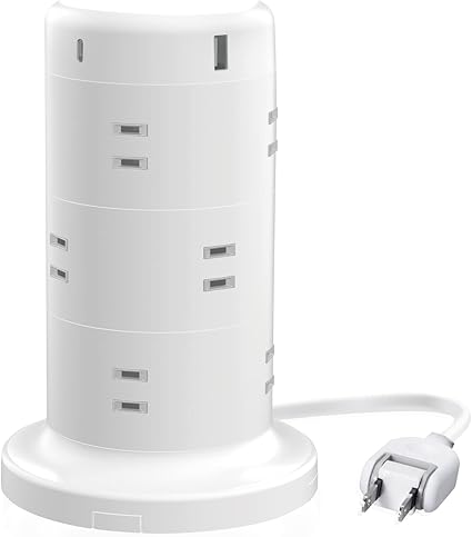 エレコム 電源タップ タワー型 延長コード [ 12個口 & USB-C×2ポート USB×3ポート ] USB PD 45W 固定パーツ付 雷ガード ほこりシャッター 2ｍ ホワイト ECT-2220WH