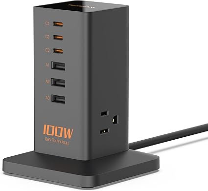 usb充電器 type-c 100W PD スマホ急速充電器 usb コンセント 電源タップ タワー usb c付き 充電アダプター 6ポート3AC差込口 GaN採用 MacBook iPhone Galaxy Android など機器対応