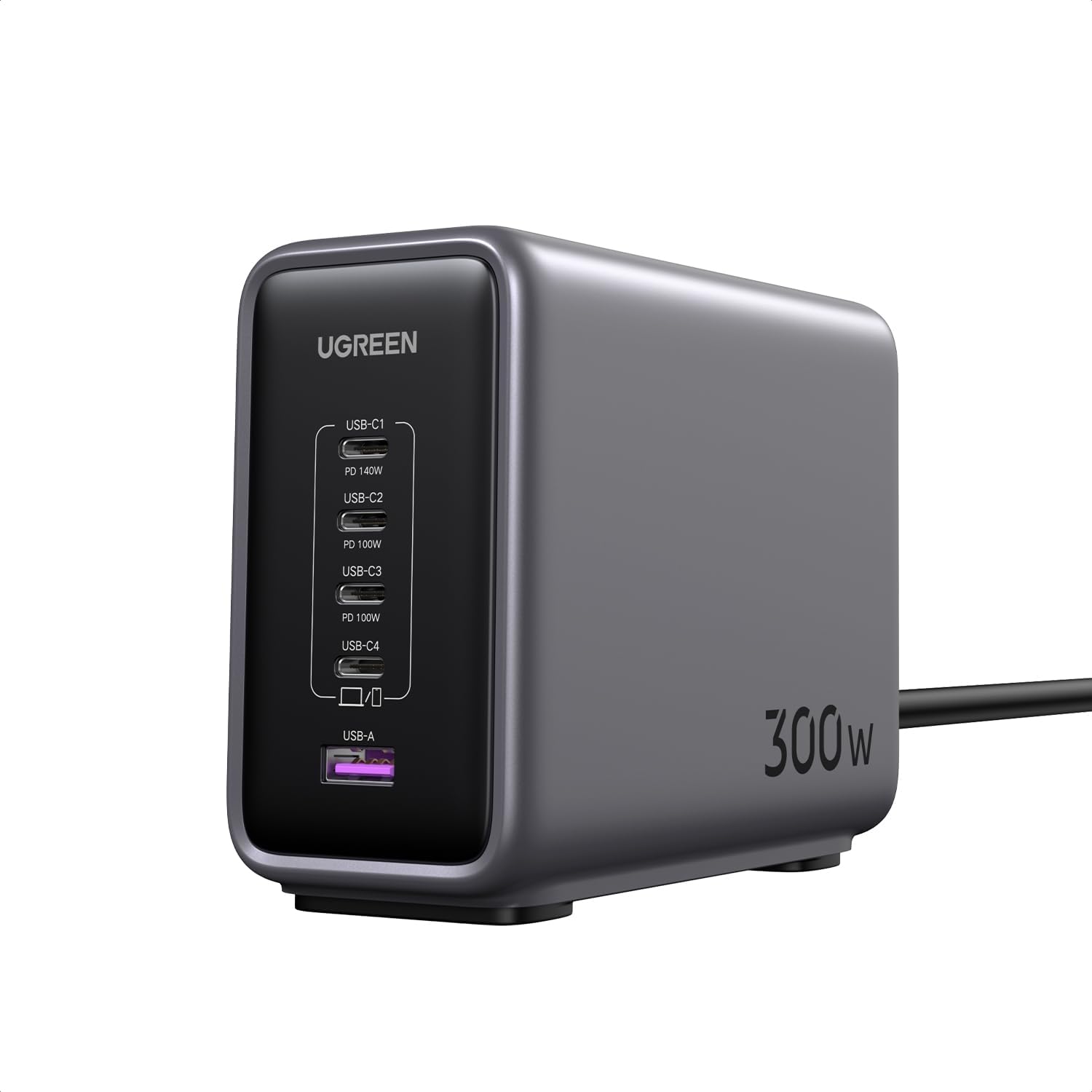 UGREEN Nexode 300W 充電器 【バージョンアップ】 PD3.1対応 5ポート同時急速充電 4 USB-C＆1 USB-A 縦式省スペース ダブルGaNFastⅢ(窒化ガリウム) 単一ポート140W常時対応 複数ノートPCに急速充電対応 MacBook Pro14”/16”/PD対応Windows PC/iPad/iPhone/Galaxy/Android/その他 CD333