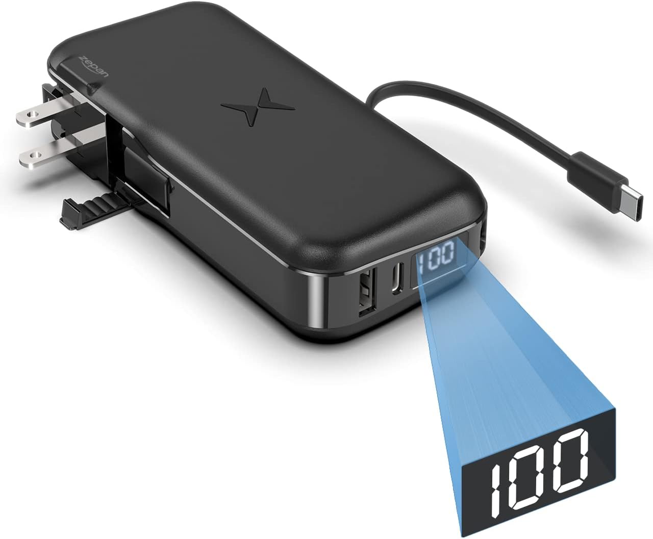 zepan 超急速 モバイルバッテリー 大容量 9600mAh ACプラグ Type-C内蔵ケーブル 超急速充電 最大出力30W ワイヤレス充電 iPhone/Android/MacBook Airノートパソコンなど対応 WPD30 ブラック