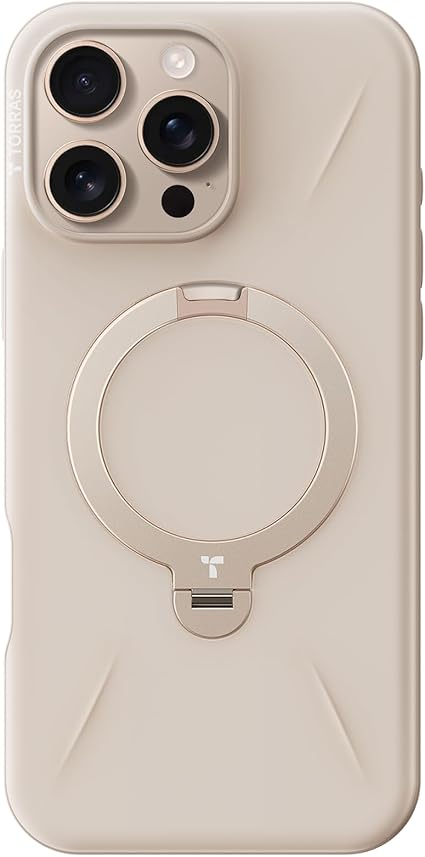 【新型ゼンマイ式・Ostand Spin Fusion 】TORRAS iPhone 16 Pro Max 用 ケース カメラコントロール対応 ゼンマイ式スタンド マグネット搭載 縦横両対応リング 米軍耐衝撃 6.9インチ ミルクティー
