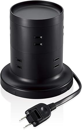 エレコム 電源タップ タワー型 延長コード [ 8個口 ] 固定パーツ付 雷ガード ほこりシャッター 2m ブラック ECT-2720BK