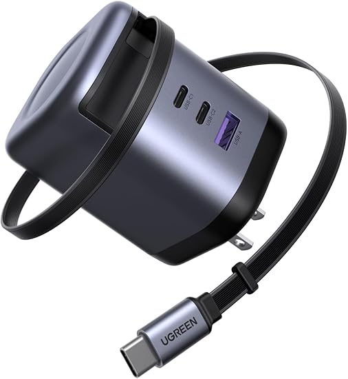 UGREEN 100W Type-C 充電器 【75CM 巻き取り式】 8階段調整可能 USB-Cケーブル内蔵 4ポート同時充電可能 PD3.0 旅行/出張/収納/スマホ/パソコン/タップレットなどType-C適合 iphone17シリーズ