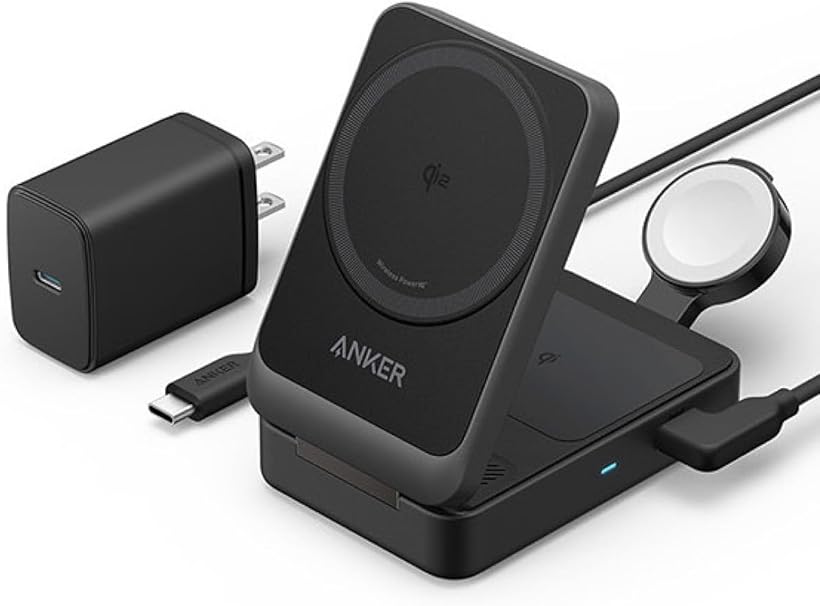 Anker MagGo Wireless Charging Station (Foldable 3-in-1) Qi2対応 マグネット式 3-in-1 ワイヤレス充電ステーション/ワイヤレス出力/Apple Watchホルダー付 iPhone MagSafe対応 iPhone 16 / 16 Pro / 16 Pro Max / 15 / 14 / 13 ブラック