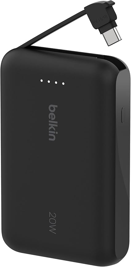Belkin モバイルバッテリー(10000mAh, 20W, USB-Cケーブル内蔵) 最大20W PD高速充電対応 PPS対応 iPhone&Androidスマホ対応 2台同時充電 PSE技術基準適合 軽量&コンパクト 機内持ち込み可能 アウトドア/災害/緊急用の便利グッズ メーカー保証2年 ブラック BPB021fqBK