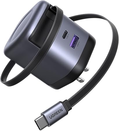 UGREEN 65W 充電器 巻き取り式【69CM】8階段調整可能 伸縮式 Type-C ケーブル内蔵 USB-C/USB-A 3ポート同時充電可能 PD3.0/PPS 旅行/出張/収納/スマホ/iPhone/パソコン/タップレットなどType-C適合