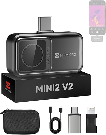HIKMICRO Mini2 V2 サーモグラフィー サーマルカメラ、スマホ用 iOS/Android対応、256x192 赤外線解像度、SuperIR技術、50°広角、ビデオ録画対応、25Hzフレームレート、バッテリー不要、スマホ/タブレット/PC用、USB-C/Lightningポート