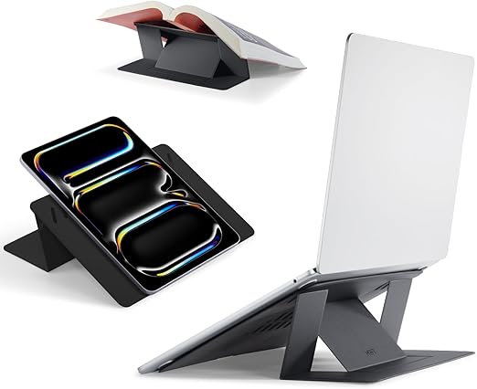 MOFT【公式直営店】 ノートpcスタンド 非粘着式 15°&25°二段階調整 超軽量 薄型 ノートパソコン タブレット Macbookスタンド 互換性 7~11インチのタブレット、 11~14のpcに対応 持ち運び便利 収納便利 コンパクト 放熱穴付き 折り畳み（ジェットブラック）