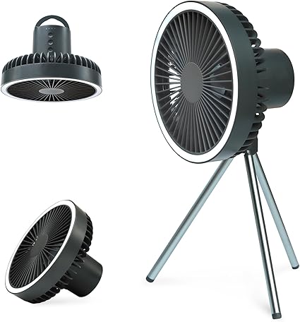 KANIYA キャンプ 扇風機 【10000mAh電池内蔵】LEDライト付き 35時間連続使用可能 多機能 1台3役【卓上・吊り下げ・スタンド式】風量3段階調節 Type-C充電 小型 軽量 静音 省エネ 熱中症対策 (ダークグレー)