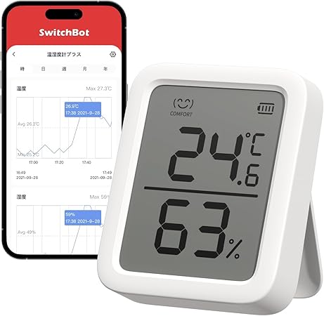 【熱中症対策】SwitchBot 温湿度計プラス Alexa 温度計 湿度計 - スイッチボット スマホで温度湿度管理 デジタル 高精度 コンパクト 大画面 温度 湿度 アラーム 顔マーク グラフ記録 スマートホーム 梅雨 Alexa Google Home IFTTT イフト Siriに対応(ハブ必要)