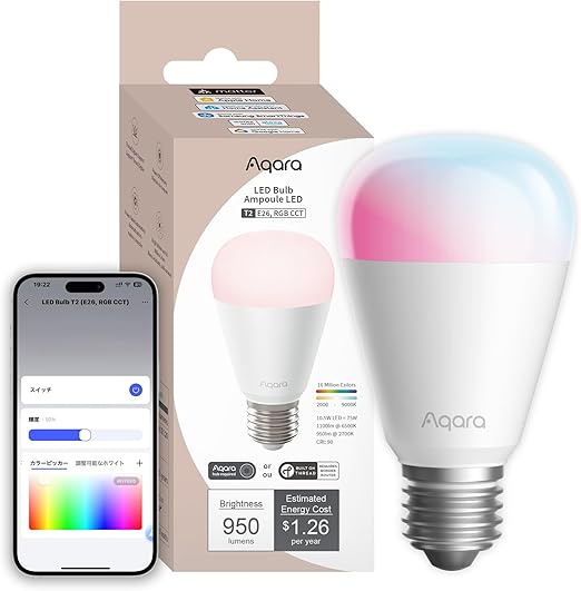 Aqara LED 電球 T2 E26口金 RGB CCT 75W形相当 Matter Thread Alexa HomeKit対応 スマート電球 調光調色 広配光 1100lm 1600万色 RGBマルチカラー 電球色から昼光色まで スマートライト スマートホーム GoogleHome Siri に対応(1個)