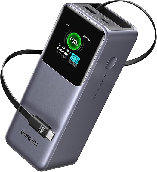 UGREEN Nexode 巻取式USB-Cケーブル内蔵 モバイルバッテリー (20000mAh・165W) ノートPCにも急速充電対応 PD・PPS 5A仕様対応 TFTディスプレイ搭載 パススルー/低電流モード PSE技術基準適合 MacBook PD対応Windows PC iPad iPhone Galaxy Android スマホ ノートPC対応 PB726
