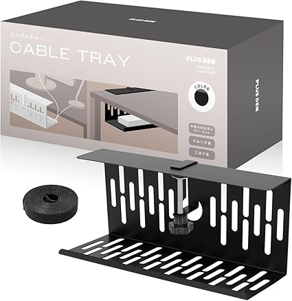 PLUSDEN (プラスデン) ケーブルトレー 【一個でミニマルデスク】結束バンド付き (黒, 35cm) ケーブル まとめる 配線 整理 ケーブルオーガナイザー 工具不要 穴あけ不要