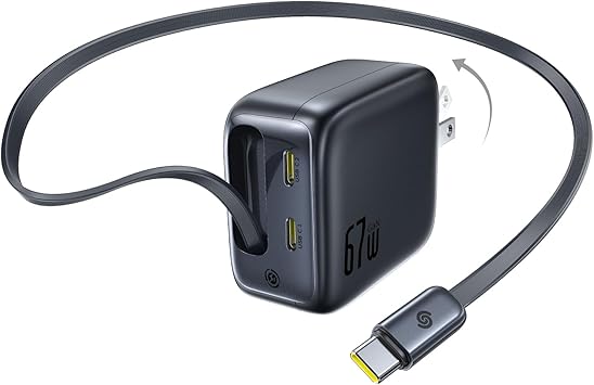 Baseus EnerCore 67W PD type-c 急速 巻取り式充電器 トリプルレイヤー冷却 GaN充電器｜マグネット収納 USB‑Cケーブル一体型 巻き取り内蔵ケーブル・USB‑C×2ポート・GaN技術 PD3.0規格対応 PSE技術基準適合｜スマートフォン、タブレット、ノートパソコンに対応