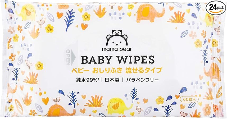 【流せるおしりふき】Mama Bear (ママベアー) ベビー おしりふき 純水99.9% 流せるタイプ 60枚入x24個 (1440枚) [ケース品] [Amazonブランド] 日本製 パラベンフリー