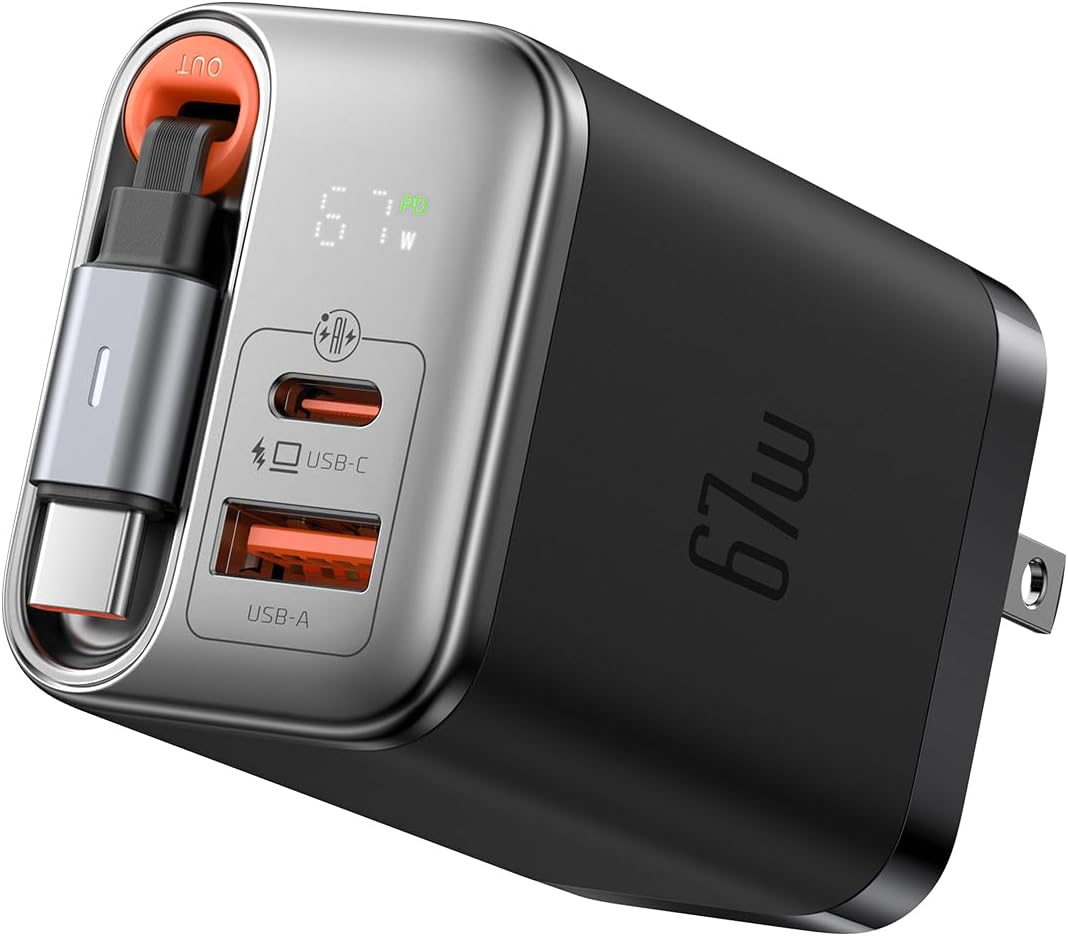 Mcdodo 67W GaN 急速充電器 PD充電器 Type-C充電器 iPhone 17充電器 USB-C & USB-Aポート【伸縮式USB-Cケーブル付き/出力デジタル表示/GaN新技術】折りたたみ式プラグ PD3.0/QC4.0/PPS等規格対応 MacBook iPad iPhone Galaxy Android スマホ ノートPC その他対応 PSE技術基準適合 ブラック