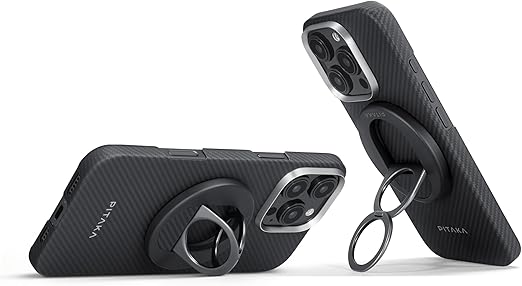 【横/縦置き-PITAKA】 MagSafe リング マグネット式 スマホリング バンカーリング 角度調節可能 スタンド機能付き リングホルダー 軍用素材アラミド繊維 カーボン風 MagSafe専用 MagEZ Grip3 600D黒/グレー