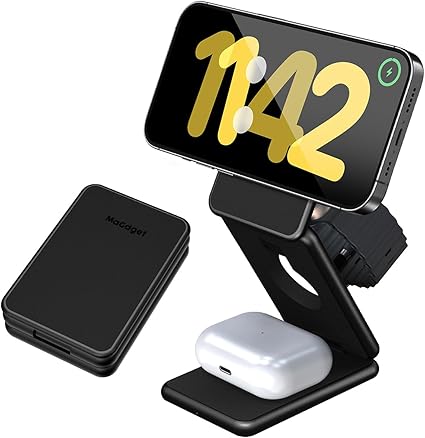 MaGdget Fold Charge/マジェット フォールドチャージ MagSafe対応 マグネット式 3in1 ワイヤレス充電器 折りたたみ式 スマホスタンド 充電器 iPhone アップルウォッチ AirPods 最大15W出力 USB Type-C入力 (Black)