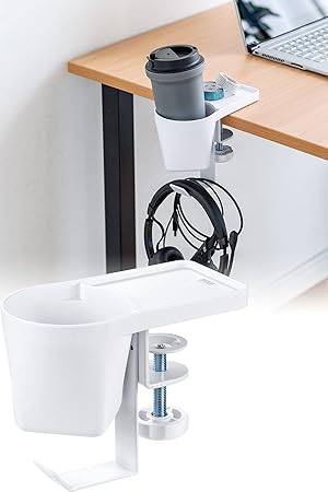 サンワダイレクト ドリンクホルダー デスク ヘッドホンハンガー バッグハンガー クランプ式 金属製 耐荷重5kg ホワイト 200-STN063W