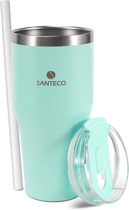 SANTECO タンブラー ESCAPE 590ML 蓋付き ストロー付き 大容量 保冷 保温 おしゃれ 18/8ステンレススチール 真空断熱 BPAフリー 軽量 広口設計 グリーン