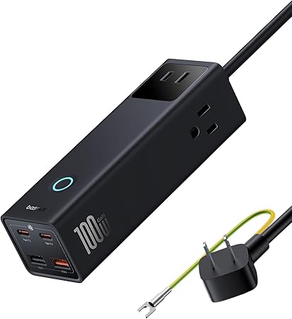 Baseus USB 電源タップ 1500W PD 充電器 100W 7ポート GaN5(窒化ガリウム)採用 【PD PPS/雷ガード/LED電源ボタン/ほこり防止シャッター/アース付き / 1.5mコード】 MacBook iPhone15 iPadPro Androidスマホ ノートPC 卓上家電 TypeC機器対応 USB-C PSE認証済み PowerCombo Pro