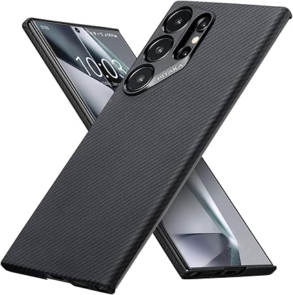 「PITAKA」Galaxy S24 Ultra ケース アラミド繊維製 高級なカーボン風 超薄 超軽量 耐衝撃 ミニマリスト シンプル デザイン ワイヤレス充電 対応 カバー (黒/グレーツイル柄)