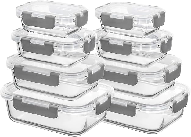 AILTEC 耐熱ガラス 保存容器 8個セット ガラス密閉容器 タッパー レンジ対応 作り置き オーブン 食洗機対応 お手入れ簡単 漏れ防止 積み重ね可能 BPAフリー 長方形