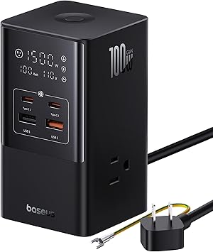 Baseus USB 電源タップ 1500W PD 充電器 100W 7ポート GaN5(窒化ガリウム) 【LEDディスプレイ/雷ガード/ほこりシャッター/アース付き】 iPhone15 iPadPro Androidスマホ MacBook ノートPC USB-C機器対応 PSE認証済み PowerCombo Tower