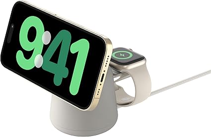 Belkin [Apple公認] 2 in 1 MagSafe充電器【Apple Store取扱製品】最大15W高速充電 ワイヤレス充電器 MagSafe公式認証 iPhone 16/15/14/13/12 Apple Watch 9/8/7/Ultra 高速充電対応 USB-Cケーブル付属(1.5m) AC電源アダプタの付属なし サンド WIZ020btH37