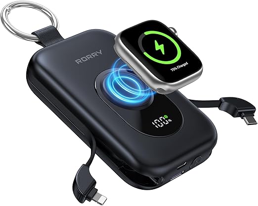 RORRY【強化版 急速充電】モバイルバッテリー 大容量 (20000mAh PD30W) 2本ケーブル内蔵 アップルウォッチ 充電器 小型 5台同時充電 Type-C USB-A 携帯充電器 For Apple Watch Ultra2/10/9/8/iPhone 16/15/iPad/AirPods/任天堂 switch2/ノートPC対応 power bank カラビナ 防災 (ブラック)
