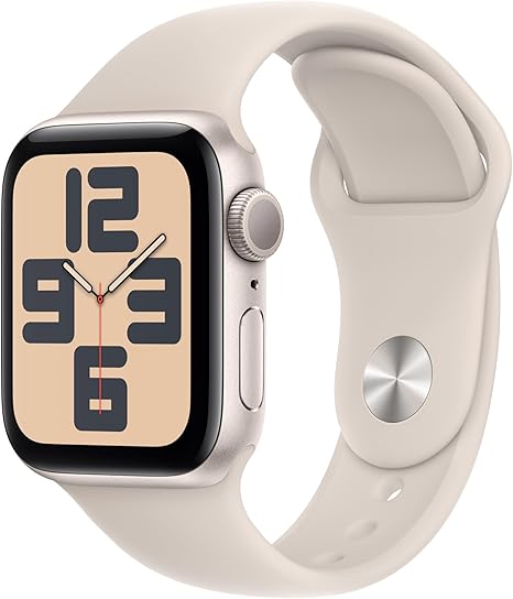 Apple Watch SE (第二世代, 2023) [GPS (40mm)ケース用] 40mmスターライトアルミニウムケースとスターライトスポーツバンド - S/M フィットネストラッカーと睡眠トラッカー 衝突事故検出 心拍数のモニタリング Retinaディスプレイ 耐水性能