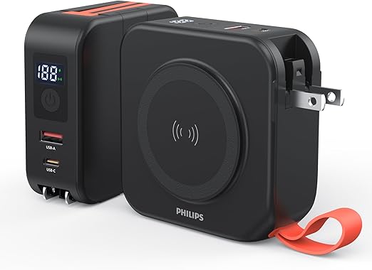 Philips(フィリップス) 10000mAh MagSafe マグネット式 モバイルバッテリー コンセント一体型 大容量 ACプラグ付 5台同時充電 MAX 22.5W出力 USB-A＆入出力USB-C PD/パススルー機能/ディスプレイ搭載】Lightning/Type-Cケーブル内蔵 旅行用電源変換プラグ PSE認証済 ブラック DLP4347CB