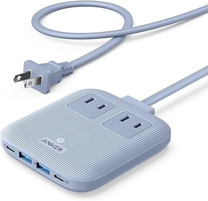 Anker Nano Charging Station (6-in-1, 67W) (USBタップ 電源タップ AC差込口 2口 USB-C 2ポート USB-A 2ポート 延長コード 1.5m) 【PSE技術基準適合】MacBook PD対応 Windows PC iPad iPhone Galaxy Android スマートフォン ノートPC 各種 その他機器対応 (グレイッシュブルー)