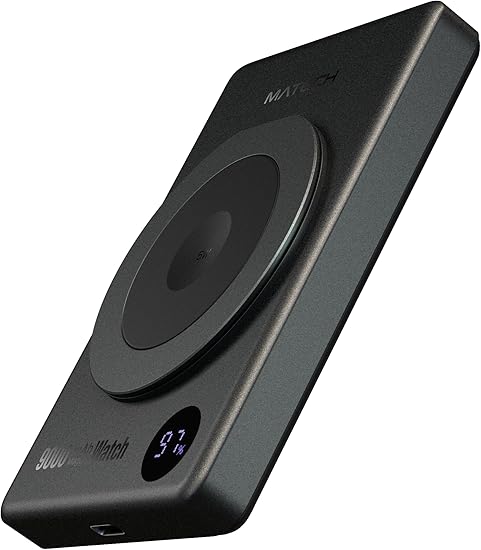 MATECH モバイルバッテリー マグセーフ 小型 薄型 軽量(薄さ15.8mm, 9000mAh)【アップルウォッチ 充電器/MagSafe対応マグネット式/ワイヤレス充電 最大出力15W/タイプC PD22W/iPhone12~16対応】(MagOn Watch 9000,ブラック)