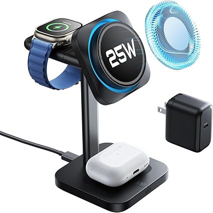 ESR 3in1 充電器 Qi2.2認証25W magsafe充電器（CryoBoost冷却ファン搭載） 冷却ワイヤレス充電器 iPhone 17/16（ iOS 26バージョン以降）15/14/13/12シリーズ AirPods Apple Watch対応 ブラック