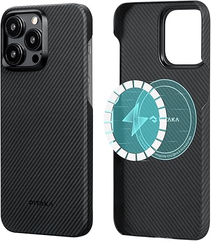 【超薄超軽量・PITAKA】 iPhone15 Pro ケース MagSafe対応 アラミド繊維製 耐衝撃 高耐久 薄型 軽量 カメラ保護 ワイヤレス充電対応 スマホケース アイフォン 15 Pro カバー(600D黒/グレー)