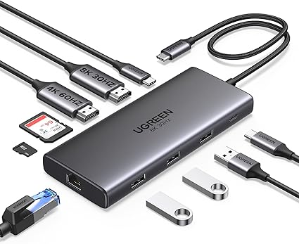 UGREEN Revodok Pro 210 10 in 1 USB-Cドッキングステーション USB cハブ 二つHDMI拡張4K@60Hz 一つ拡張8K@30Hz USB A *3+ USB-C 5Gbpsデータ転送ポート 100W PD急速充電 1Gbpsイーサネットポート SD Micro SD/TFカードリーダー付き MacBook Thinkpadに対応