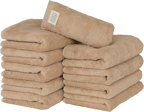 【Amazon.co.jp限定】タオル研究所 [ボリュームリッチ] #003 フェイスタオル サンドベージュ 10枚セット ホテル仕様 厚手 ふかふか ボリューム 高速吸水 耐久性 綿100% 480GSM JapanTechnology