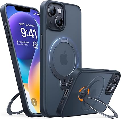 TORRAS iPhone 15 用 ケース【超剛性｜360° ゼンマイ式スタンド × 10 万回開閉耐久】 米軍規格 縦横両対応 リング付き マグネット搭載 ワイヤレス充電対応 耐衝撃 防指紋 半透明 Ostand Spin ブラック