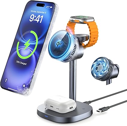 RORRY 新型番Qi2冷却ファン付き3in1ワイヤレス充電器【スマホ熱対策・15W急速・静音設計】magsafe充電器 3台同時に充電 ペルチェ素子 マグネット式 アップルウォッチ充電器 TEC半導体スマホクーラー 充電スタンド 過熱防止 magsafe対応 マグセーフ充電器 For iPhone/AppleWatch/Airpods/Google Pixel 10 デスクワーク/動画視聴