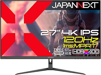 JAPANNEXT 27インチ IPSパネル搭載 120Hz/1ms(MPRT)対応 4K(3840x2160)解像度 ゲーミングモニター JN-IPS27G120U-C6 HDMI2.1 DP USB Type-C(最大65W給電) sRGB:100% DCI-P3:95% HDR400相当 PS5 4K:120Hz接続 VRR KVM 【2年保証】