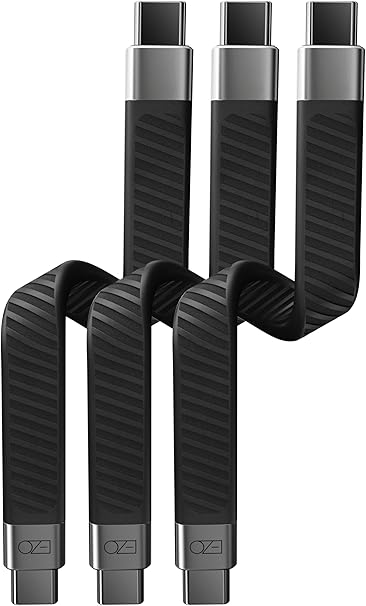 Ezo® Flex USB-C to USB-C 短いケーブル 13.5cm 平形 高速データ転送20Gbps 高速PD充電100W USBC - USBC Type-C to Type-C フラットケーブル Thunderbolt 3 / 4 対応 (タイプ C-C 3本入り セット)