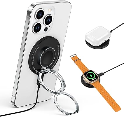 RORRY ワイヤレス充電器 magsafe充電器 apple watch 充電器[革新的な２段式スマホリング・3in1充電器・両面同時充電] iPhone アップルウォッチ同時充電 magsafeスタンド 15Wワイヤレス急速充電 置くだけ充電 強磁力 For iPhone16/15/14/13/12/AppleWatch Ultra2/10/9/8/7/Air podsなど