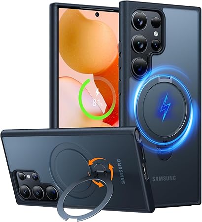 TORRAS Galaxy S24 Ultra 用 ケース【超剛性｜360° ゼンマイ式スタンド × 10 万回開閉耐久】 米軍規格 縦横両対応 リング付き マグネット搭載 ワイヤレス充電対応 耐衝撃 防指紋 半透明 Ostand Spin ブラック