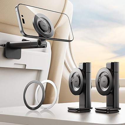 ESR MagSafe スタンド 飛行機スマホホルダー スマホスタンド ホルダー クリップ式 スマホ固定アーム 片手操作 折りたたみ 携帯ホルダー 携帯便利 デスク/電車/キッチン/リビングルーム/オフィス/車/ベット/旅行用 リング付き iPhone 16 15 14 Pro Max 13 12、Samsung、Android対応 スマホホルダー 飛行機旅行の必需品 2個入り ブラック