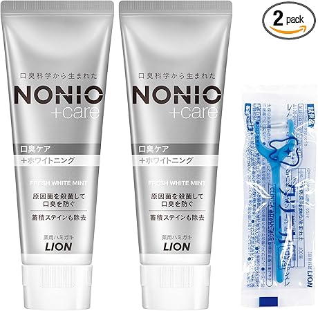 【Amazon.co.jp限定】NONIO(ノニオ) プラス ホワイトニング [医薬部外品] ハミガキ (高濃度フッ素 1450ppm配合) 歯磨き粉 セット 130g×2個+Y字フロス付き