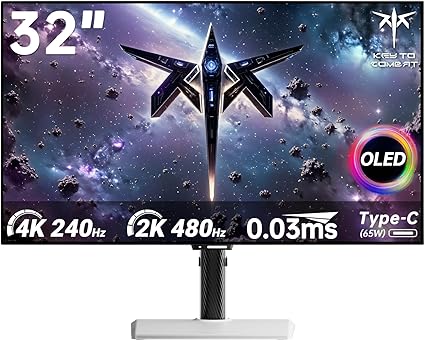 KTC 32インチ 4K OLED有機ELゲーミングモニター デュアルモード(3840×2160@240Hz(FHD 480Hz) 0.03ms応答速度)VESA DisplayHDR True Black 400/1500000:1/sRGB 137%/ ΔE<2 KVM 対応 スピーカー内蔵HDMI2.1×2/DP1.4×1/Type-C*2 イヤホン ケーブル付き 3年保証 G32P5