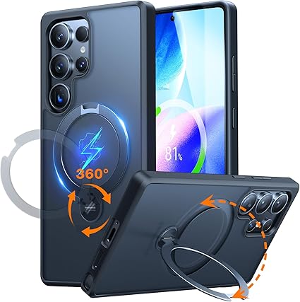 TORRAS Galaxy S25 Ultra 用 ケース Magsafe対応 ゼンマイ式スタンド【動画鑑賞最適・多用途スタンド付き】 耐衝撃 マグネット搭載 ワイヤレス対応 半透明 マット 黄ばみなし ブラック