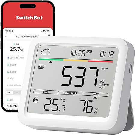 SwitchBot CO2センサー 二酸化炭素濃度計 温湿度計 アラーム - スイッチボット デジタル 大画面 高精度 CO2測定器 快適指数 天気予報 時計 卓上 カレンダー スマホ連動 アラート通知 グラフ記録 スマートホーム Alexa Google Home Siriに対応