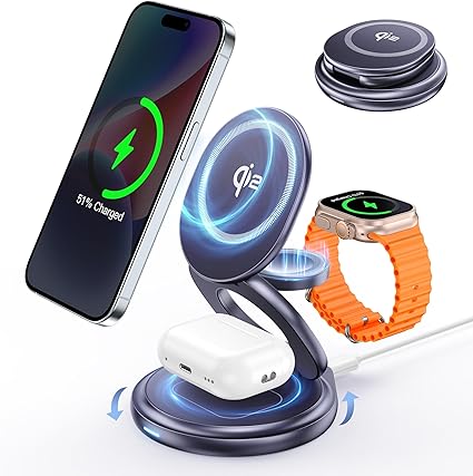 RORRY 2025最新強化版 3in1 ワイヤレス充電器【リアル15W Qi2認証済み 360°回転式スタンド】折りたたみ式magsafe充電器 自由調整 低温安全 3台同時充電 マグセーフFor iPhone/applewatch/Airpods 亜鉛合金 qi2 急速For iPhone16/15/14/13/12/iwatch 9/8/7/6/5/4/AirPods2/4/Pro